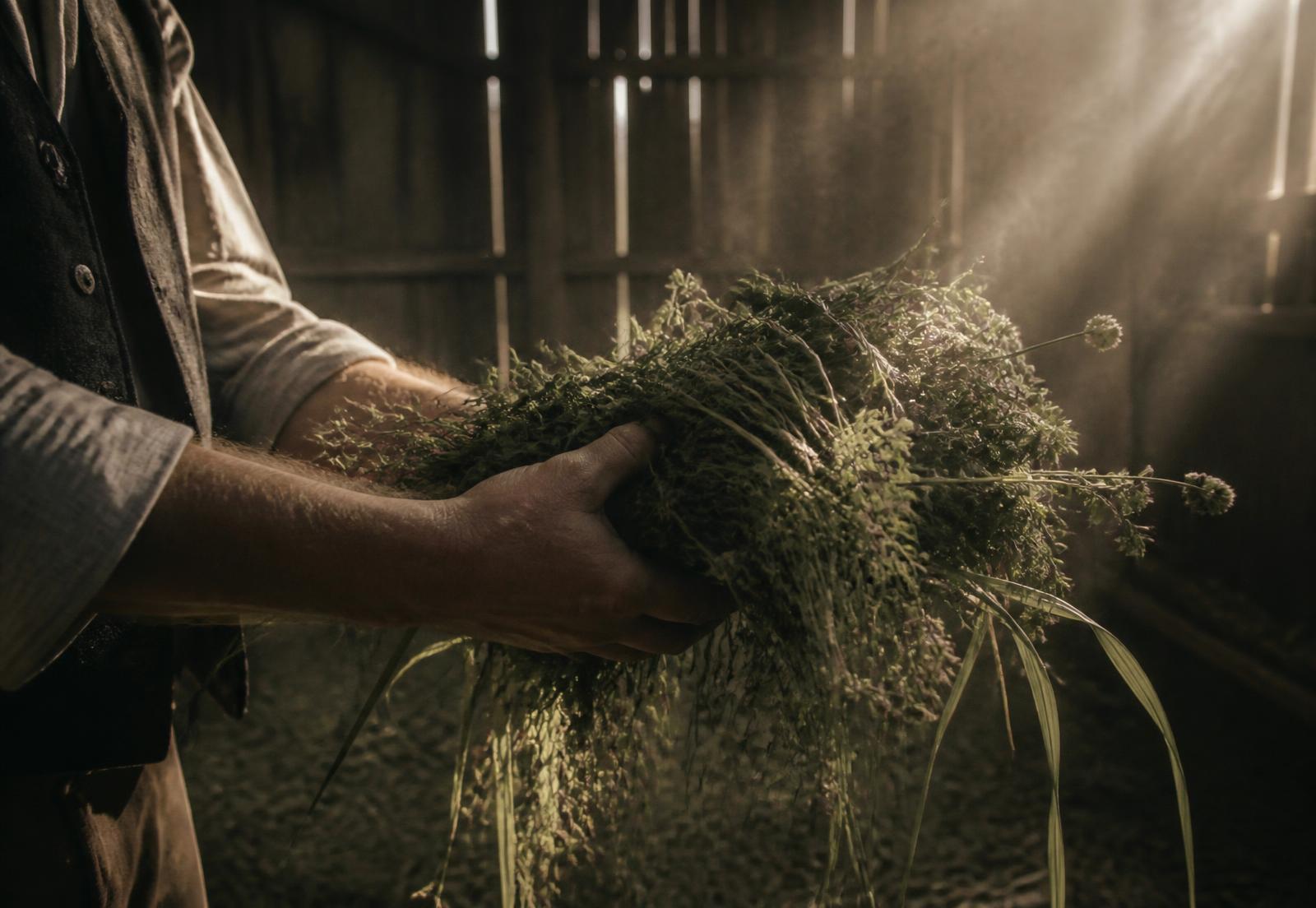 A farmer's hands holding freshly cut herbal forage in an old European barn