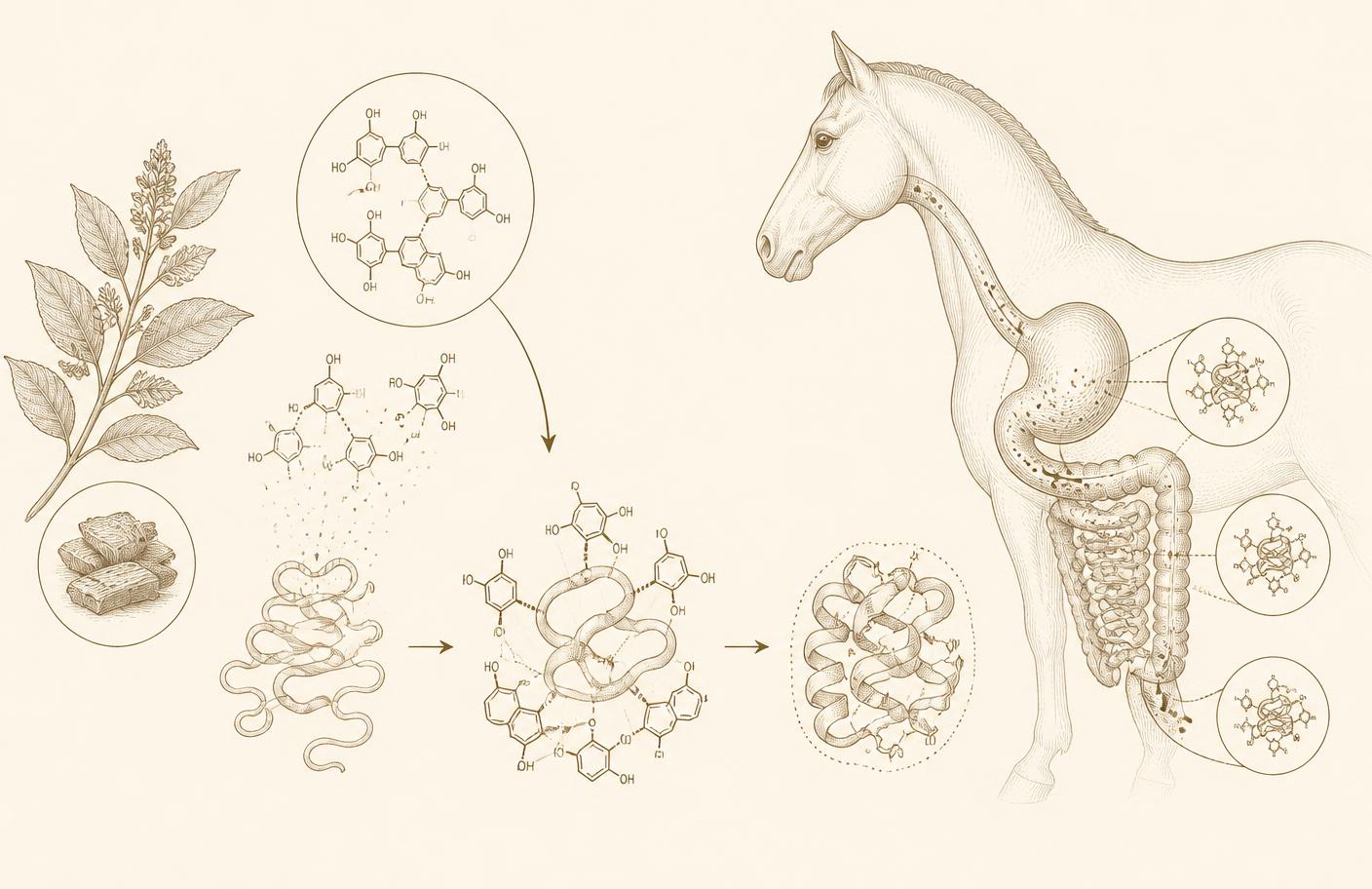 Botanical-plate diagram of condensed tannins protecting proteins through equine gastric transit