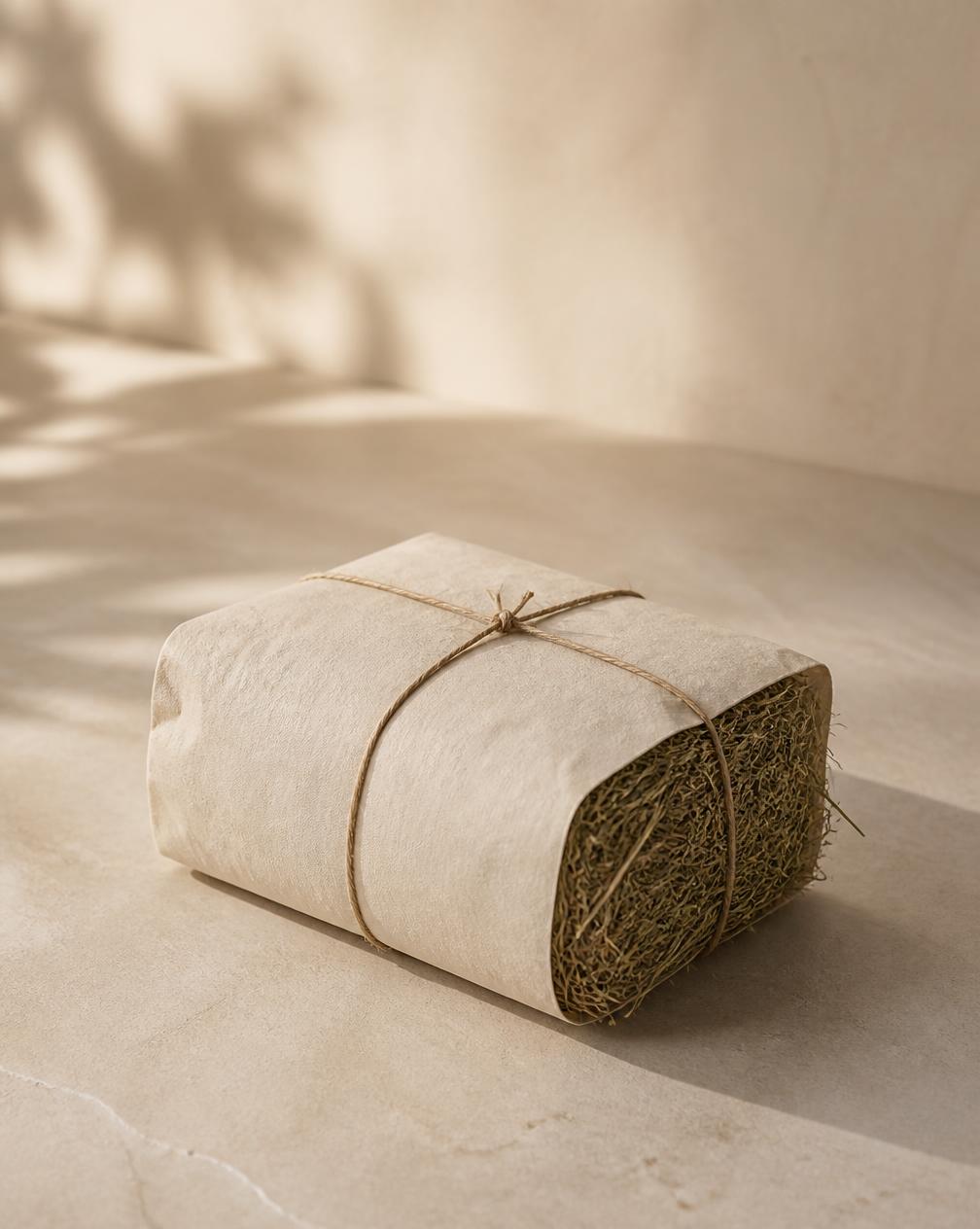 A single hand-wrapped introductory allocation of forage in linen paper